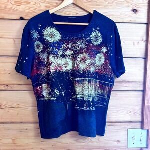 Black Fireworks Graphic T-Shirt Rhinestones Stars Print Size XL Designer Detroit
